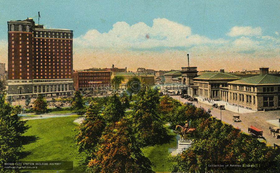 Postcard: Depot Park, Showing Union Station and Providence Biltmore Hotel, Providence, Rhode Island